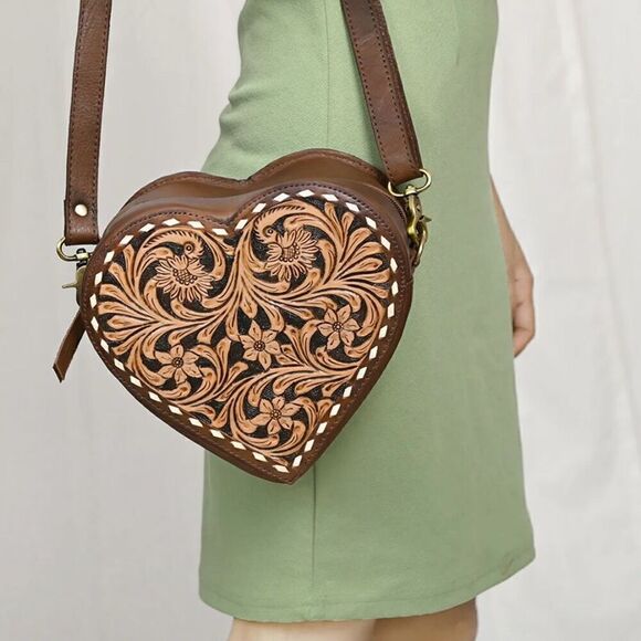 New Heart Canteen Purse American Darling Genuine Western Tooled Leather Women - Picture 7 of 11